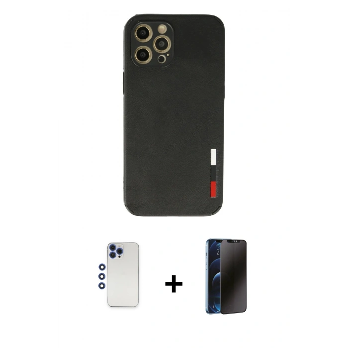 MARSİLYAN™- iPhone 12 Pro Max Kılıf Doruk Asil Koleksiyonu - Siyah 3D Antistatik Hayalet Cam Ekran Koruyucu + Shine Kamera Lens - LT
