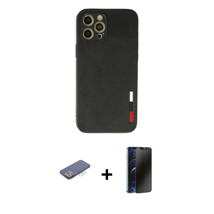 MARSİLYAN™- iPhone 12 Pro Max Kılıf Doruk Asil Koleksiyonu - Siyah 3D Antistatik Hayalet Cam Ekran Koruyucu + Renkli Kamera Lens Koruma Cam - MI