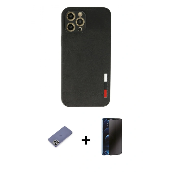 MARSİLYAN™- iPhone 12 Pro Max Kılıf Doruk Asil Koleksiyonu - Siyah 3D Antistatik Hayalet Cam Ekran Koruyucu + Metal Kamera Lens Koruma Cam - GD