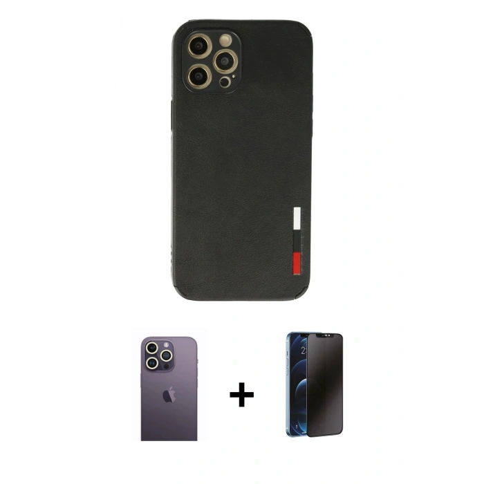 MARSİLYAN™- iPhone 12 Pro Max Kılıf Doruk Asil Koleksiyonu - Siyah 3D Antistatik Hayalet Cam Ekran Koruyucu + Neon Fosforlu Kamera Lens - BZ