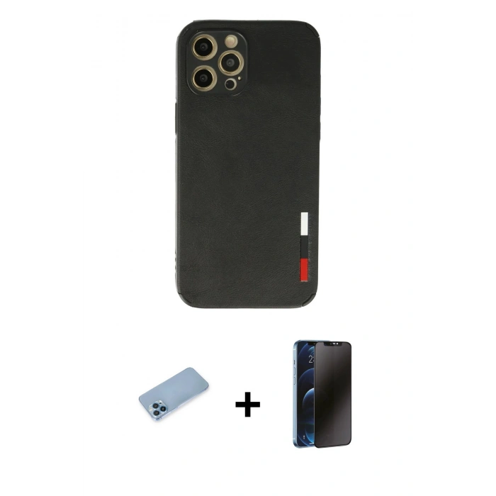 MARSİLYAN™- iPhone 12 Pro Max Kılıf Doruk Asil Koleksiyonu - Siyah 3D Antistatik Hayalet Cam Ekran Koruyucu + Shine Kamera Lens Koruma Cam - MI