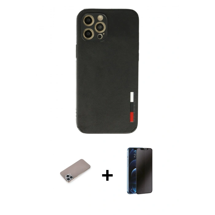 MARSİLYAN™- iPhone 12 Pro Max Kılıf Doruk Asil Koleksiyonu - Siyah 3D Antistatik Hayalet Cam Ekran Koruyucu + Shine Kamera Lens Koruma Cam - SABE