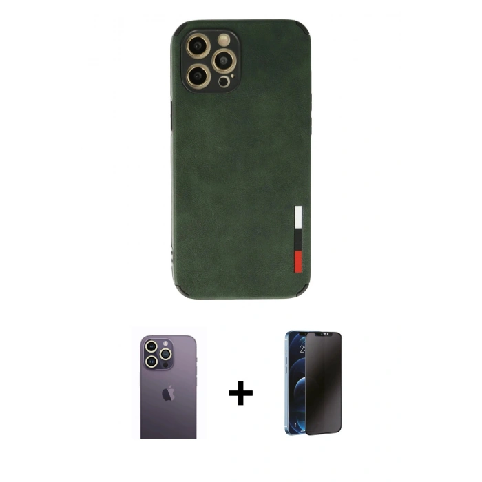 MARSİLYAN™- iPhone 12 Pro Max Kılıf Doruk Asil Koleksiyonu - Siyah 3D Antistatik Hayalet Cam Ekran Koruyucu + Neon Fosforlu Kamera Lens - BZ