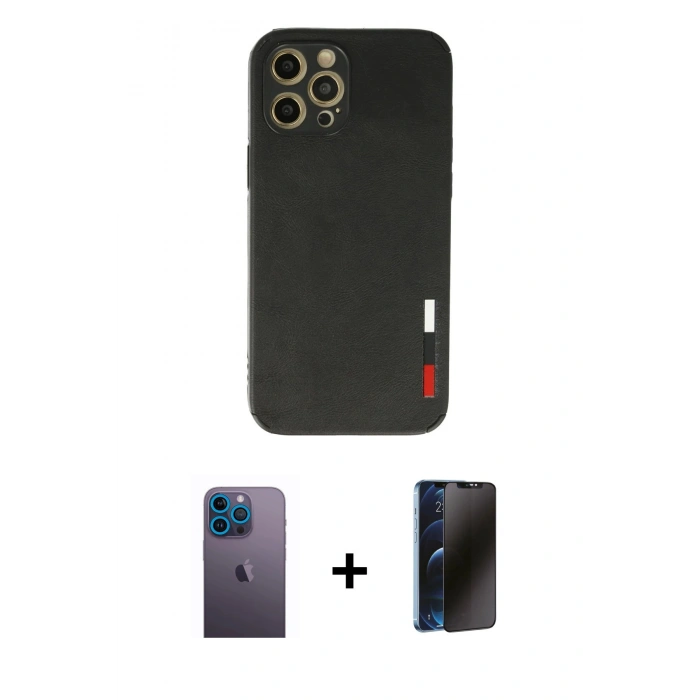 MARSİLYAN™- iPhone 12 Pro Max Kılıf Doruk Asil Koleksiyonu - Siyah 3D Antistatik Hayalet Cam Ekran Koruyucu + Neon Fosforlu Kamera Lens - MI