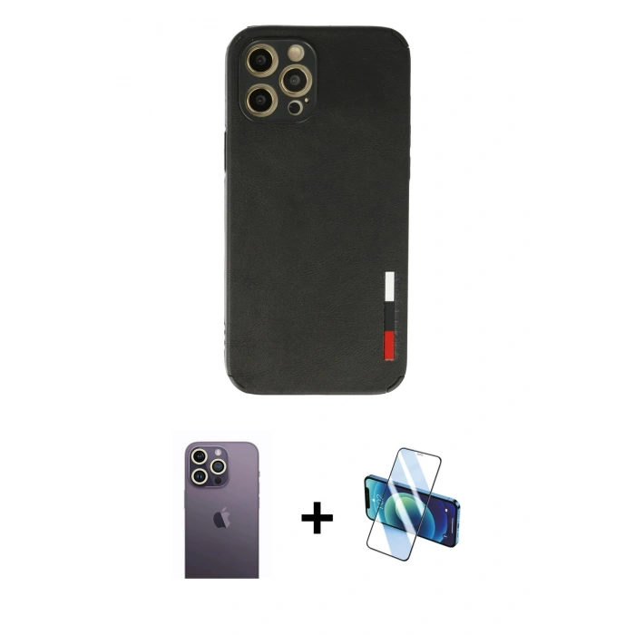 MARSİLYAN™- iPhone 12 Pro Max Kılıf Doruk Asil Koleksiyonu - Siyah 3D Antistatik Seramik Nano Ekran Koruyucu + Neon Fosforlu Kamera Lens - BZ