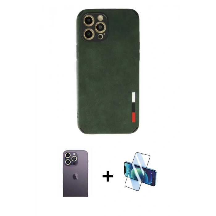 MARSİLYAN™- iPhone 12 Pro Max Kılıf Doruk Asil Koleksiyonu - Siyah 3D Antistatik Seramik Nano Ekran Koruyucu + Neon Fosforlu Kamera Lens - BZ