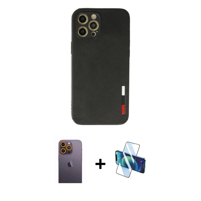 MARSİLYAN™- iPhone 12 Pro Max Kılıf Doruk Asil Koleksiyonu - Siyah 3D Antistatik Seramik Nano Ekran Koruyucu + Neon Fosforlu Kamera Lens - SI
