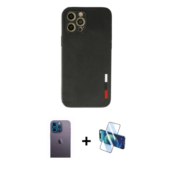 MARSİLYAN™- iPhone 12 Pro Max Kılıf Doruk Asil Koleksiyonu - Siyah 3D Antistatik Seramik Nano Ekran Koruyucu + Neon Fosforlu Kamera Lens - MI