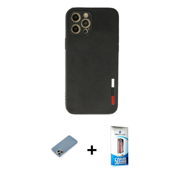 MARSİLYAN™- iPhone 12 Pro Max Kılıf Doruk Asil Koleksiyonu - Siyah 5D Eko Cam Ekran Koruyucu + Shine Kamera Lens Koruma Cam - GI