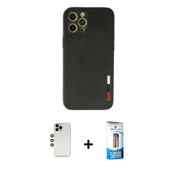 MARSİLYAN™- iPhone 12 Pro Max Kılıf Doruk Asil Koleksiyonu - Siyah 5D Eko Cam Ekran Koruyucu + Shine Kamera Lens - GD