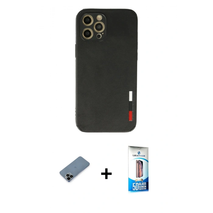 MARSİLYAN™- iPhone 12 Pro Max Kılıf Doruk Asil Koleksiyonu - Siyah 5D Eko Cam Ekran Koruyucu + Shine Kamera Lens Koruma Cam - SH