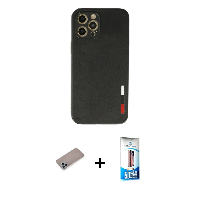 MARSİLYAN™- iPhone 12 Pro Max Kılıf Doruk Asil Koleksiyonu - Siyah 5D Eko Cam Ekran Koruyucu + Shine Kamera Lens Koruma Cam - SABE
