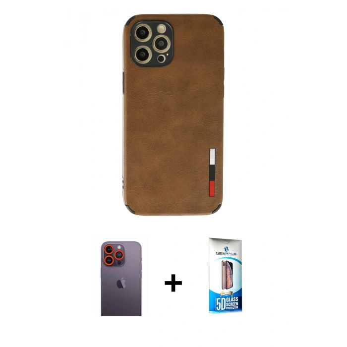 MARSİLYAN™- iPhone 12 Pro Max Kılıf Doruk Asil Koleksiyonu - Siyah 5D Eko Cam Ekran Koruyucu + Neon Fosforlu Kamera Lens - TU