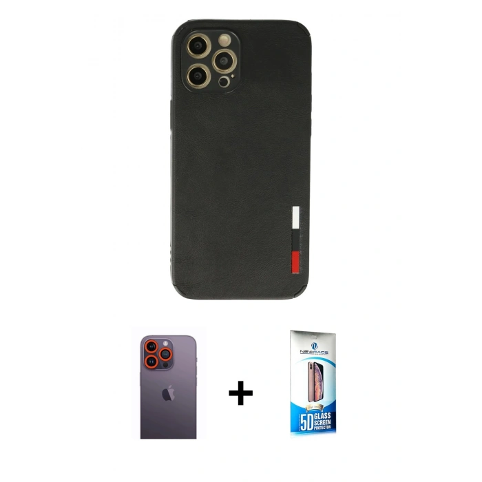 MARSİLYAN™- iPhone 12 Pro Max Kılıf Doruk Asil Koleksiyonu - Siyah 5D Eko Cam Ekran Koruyucu + Neon Fosforlu Kamera Lens - TU