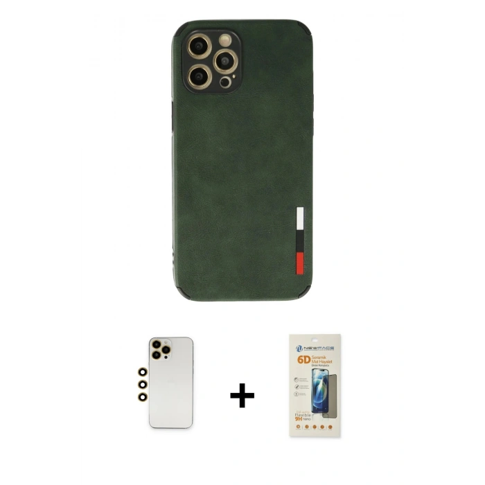 MARSİLYAN™- iPhone 12 Pro Max Kılıf Doruk Asil Koleksiyonu - Siyah 6D Mat Seramik Hayalet Nano Ekran Koruyucu + Shine Kamera Lens - GD