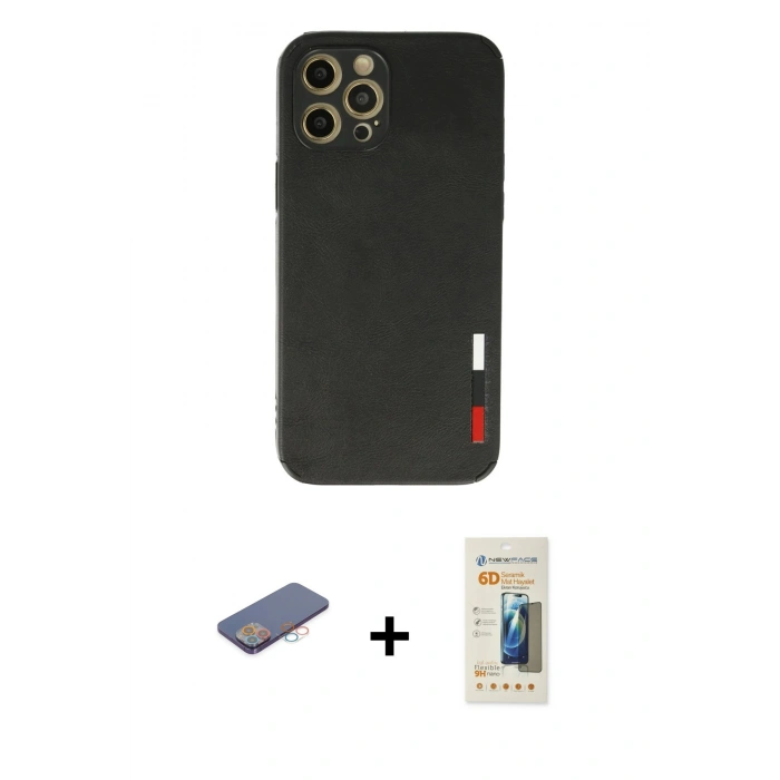 MARSİLYAN™- iPhone 12 Pro Max Kılıf Doruk Asil Koleksiyonu - Siyah 6D Mat Seramik Hayalet Nano Ekran Koruyucu + Renkli Kamera Lens Koruma Cam - PE