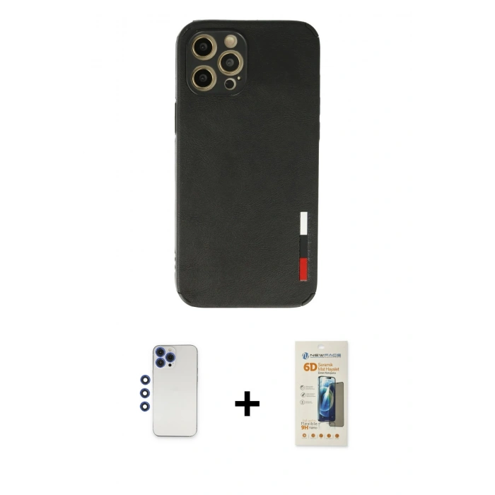 MARSİLYAN™- iPhone 12 Pro Max Kılıf Doruk Asil Koleksiyonu - Siyah 6D Mat Seramik Hayalet Nano Ekran Koruyucu + Shine Kamera Lens - LT