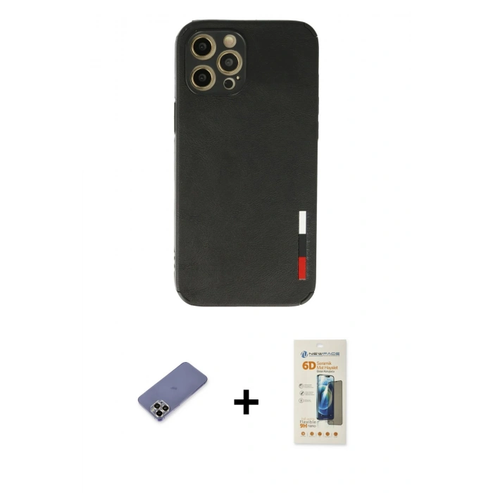 MARSİLYAN™- iPhone 12 Pro Max Kılıf Doruk Asil Koleksiyonu - Siyah 6D Mat Seramik Hayalet Nano Ekran Koruyucu + Metal Kamera Lens Koruma Cam - GD