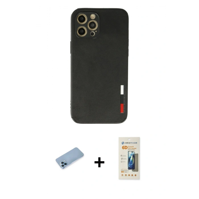 MARSİLYAN™- iPhone 12 Pro Max Kılıf Doruk Asil Koleksiyonu - Siyah 6D Mat Seramik Hayalet Nano Ekran Koruyucu + Shine Kamera Lens Koruma Cam - MI