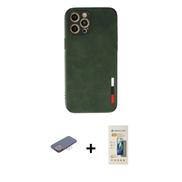 MARSİLYAN™- iPhone 12 Pro Max Kılıf Doruk Asil Koleksiyonu - Siyah 6D Mat Seramik Hayalet Nano Ekran Koruyucu + Renkli Kamera Lens Koruma Cam - PE