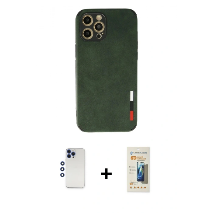 MARSİLYAN™- iPhone 12 Pro Max Kılıf Doruk Asil Koleksiyonu - Siyah 6D Mat Seramik Hayalet Nano Ekran Koruyucu + Shine Kamera Lens - LT