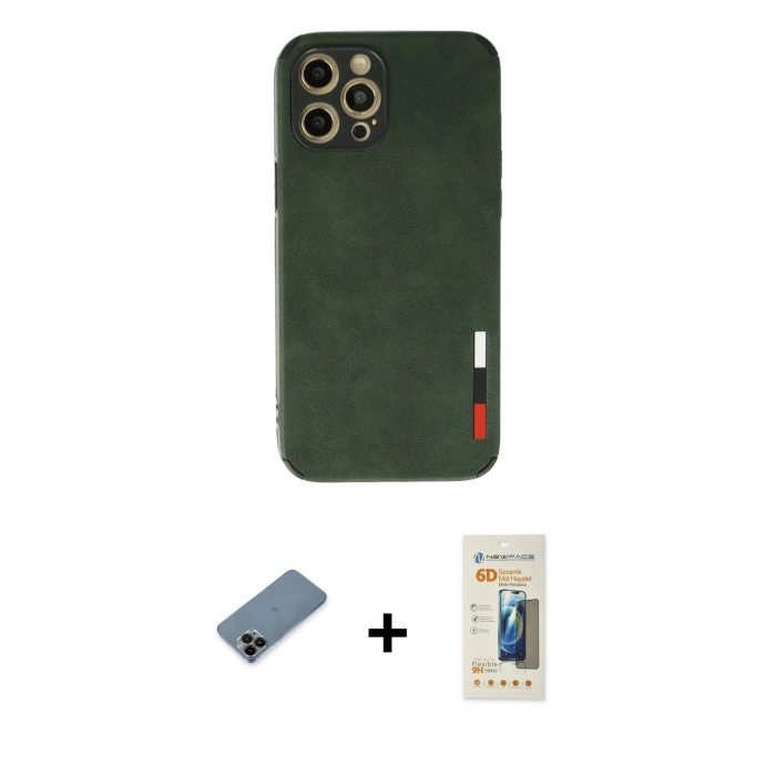 MARSİLYAN™- iPhone 12 Pro Max Kılıf Doruk Asil Koleksiyonu - Siyah 6D Mat Seramik Hayalet Nano Ekran Koruyucu + Siyah Shine Kamera Lens Koruma Cam