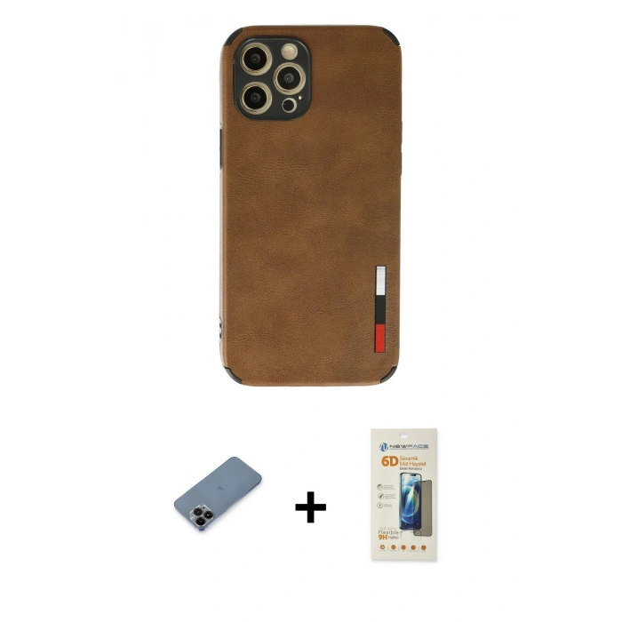 MARSİLYAN™- iPhone 12 Pro Max Kılıf Doruk Asil Koleksiyonu - Siyah 6D Mat Seramik Hayalet Nano Ekran Koruyucu + Siyah Shine Kamera Lens Koruma Cam