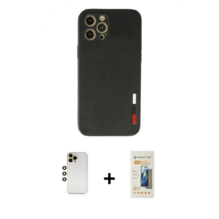 MARSİLYAN™- iPhone 12 Pro Max Kılıf Doruk Asil Koleksiyonu - Siyah 6D Mat Seramik Hayalet Nano Ekran Koruyucu + Shine Kamera Lens - GD