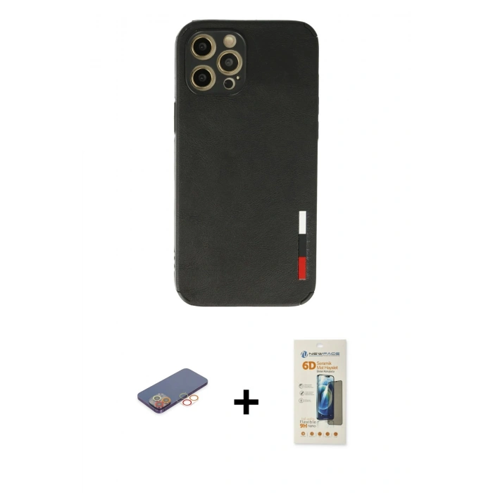 MARSİLYAN™- iPhone 12 Pro Max Kılıf Doruk Asil Koleksiyonu - Siyah 6D Mat Seramik Hayalet Nano Ekran Koruyucu + Renkli Kamera Lens Koruma Cam - TU