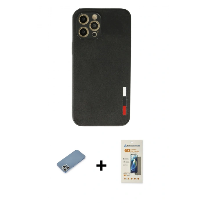 MARSİLYAN™- iPhone 12 Pro Max Kılıf Doruk Asil Koleksiyonu - Siyah 6D Mat Seramik Hayalet Nano Ekran Koruyucu + Shine Kamera Lens Koruma Cam - GS
