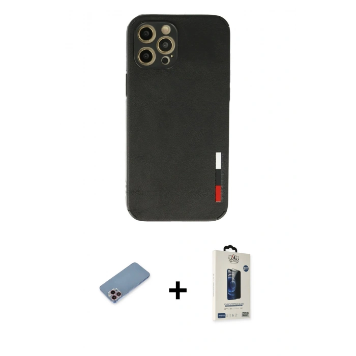 MARSİLYAN™- iPhone 12 Pro Max Kılıf Doruk Asil Koleksiyonu - Siyah Bilvis Hayalet Cam Ekran Koruyucu + Shine Kamera Lens Koruma Cam - PE