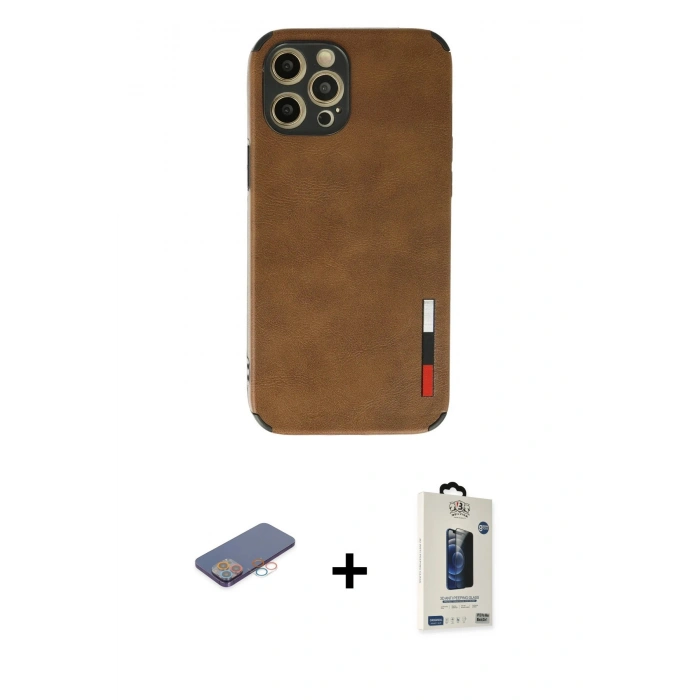 MARSİLYAN™- iPhone 12 Pro Max Kılıf Doruk Asil Koleksiyonu - Siyah Bilvis Hayalet Cam Ekran Koruyucu + Renkli Kamera Lens Koruma Cam - PE