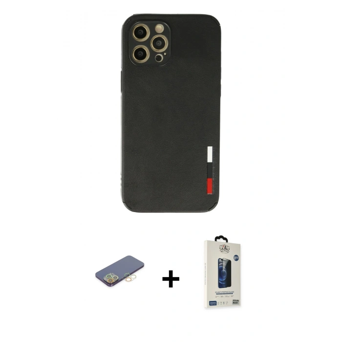 MARSİLYAN™- iPhone 12 Pro Max Kılıf Doruk Asil Koleksiyonu - Siyah Bilvis Hayalet Cam Ekran Koruyucu + Renkli Kamera Lens Koruma Cam - SI