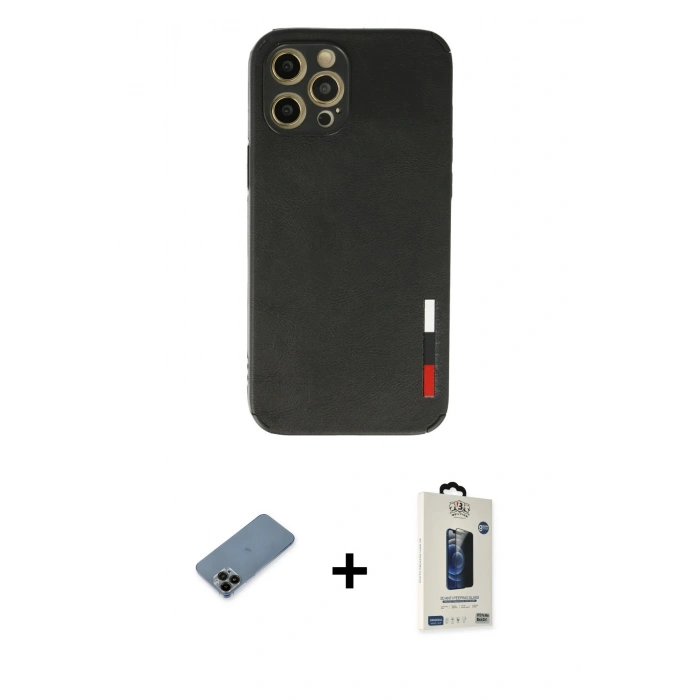 MARSİLYAN™- iPhone 12 Pro Max Kılıf Doruk Asil Koleksiyonu - Siyah Bilvis Hayalet Cam Ekran Koruyucu + Shine Kamera Lens Koruma Cam - SH