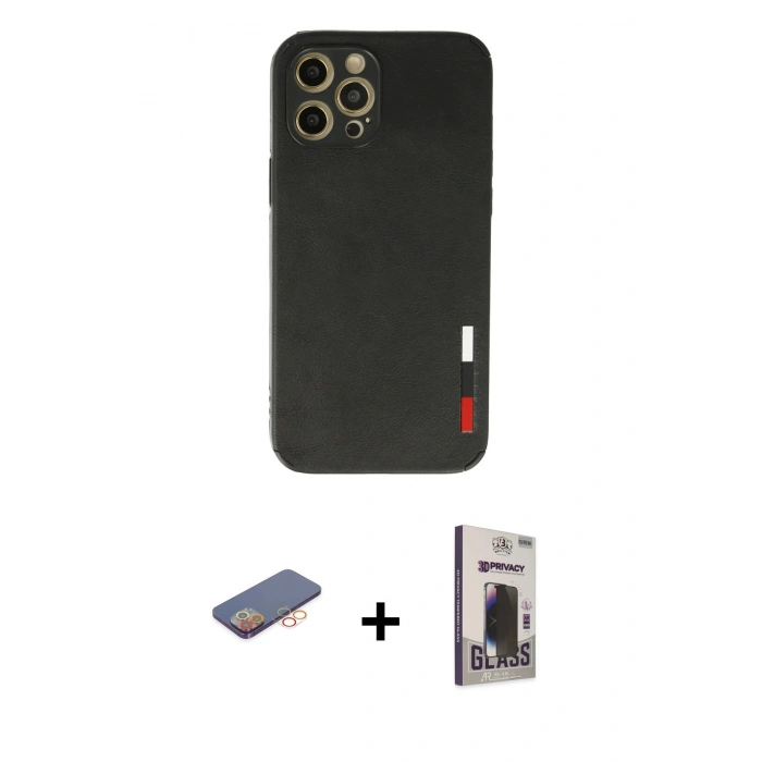 MARSİLYAN™- iPhone 12 Pro Max Kılıf Doruk Asil Koleksiyonu - Siyah Bilvis Hayalet Cam Ekran Koruyucu + Renkli Kamera Lens Koruma Cam - TU