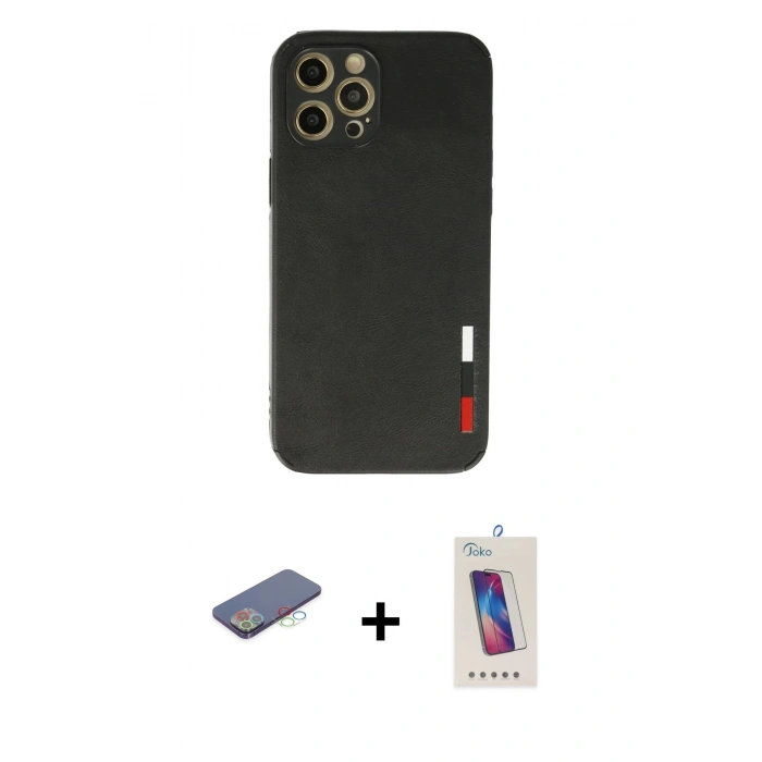 MARSİLYAN™- iPhone 12 Pro Max Kılıf Doruk Asil Koleksiyonu - Siyah Joko 5D Cam + Renkli Kamera Lens Koruma Cam - MI