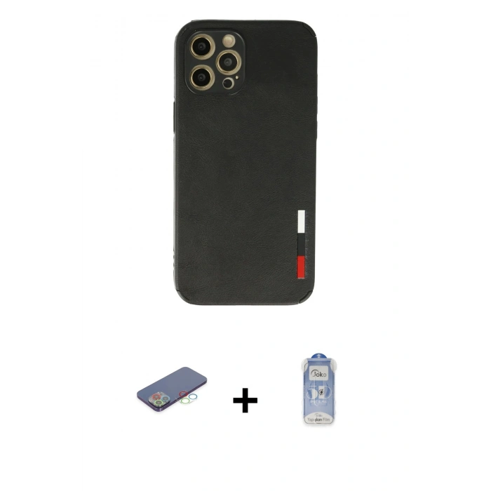 MARSİLYAN™- iPhone 12 Pro Max Kılıf Doruk Asil Koleksiyonu - Siyah Joko Magic 5D Cam + Renkli Kamera Lens Koruma Cam - MI