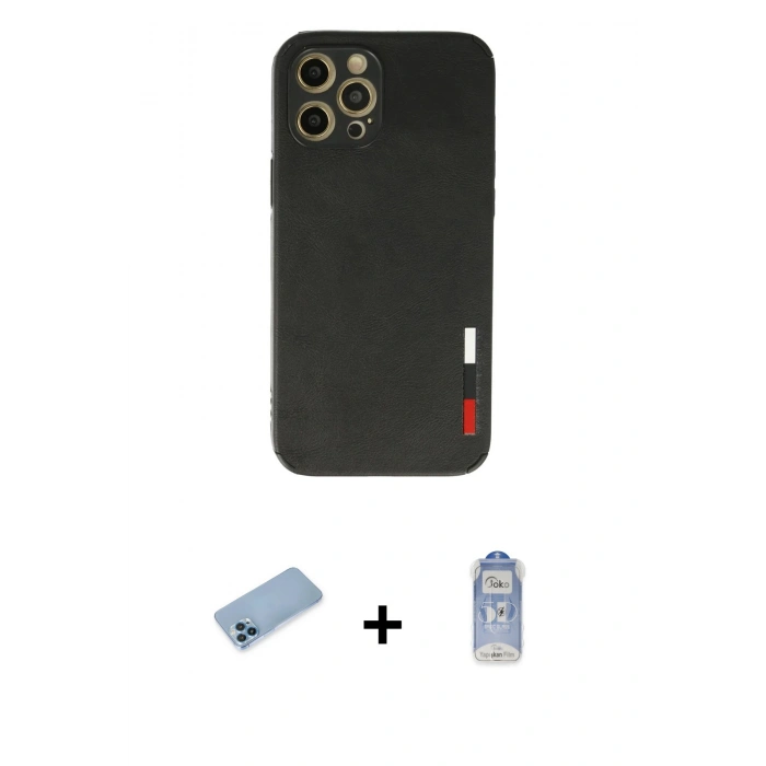 MARSİLYAN™- iPhone 12 Pro Max Kılıf Doruk Asil Koleksiyonu - Siyah Joko Magic 5D Cam + Mavi Shine Kamera Lens Koruma Cam