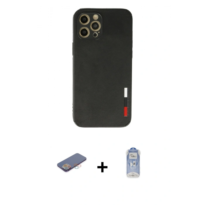 MARSİLYAN™- iPhone 12 Pro Max Kılıf Doruk Asil Koleksiyonu - Siyah Joko Magic 5D Cam + Renkli Kamera Lens Koruma Cam - PE