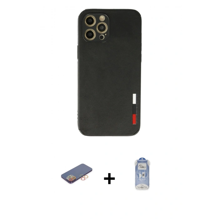 MARSİLYAN™- iPhone 12 Pro Max Kılıf Doruk Asil Koleksiyonu - Siyah Joko Magic 5D Cam + Renkli Kamera Lens Koruma Cam - TU