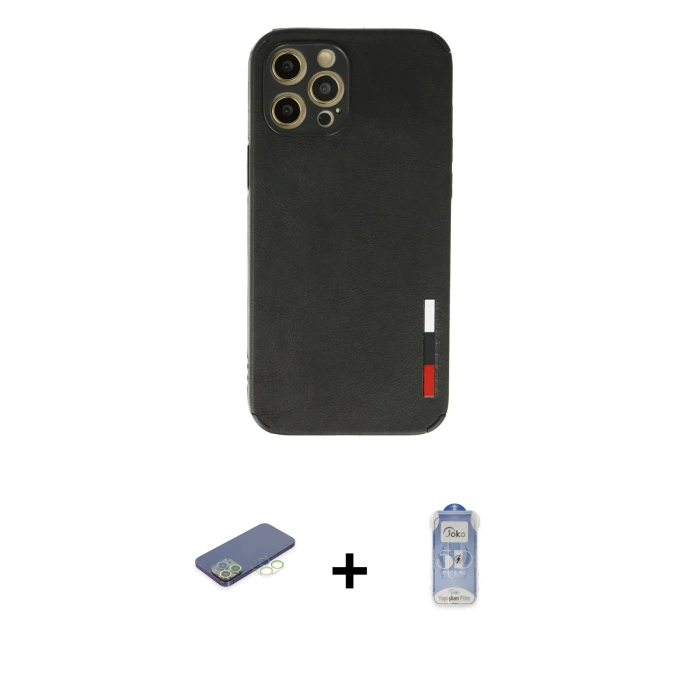 MARSİLYAN™- iPhone 12 Pro Max Kılıf Doruk Asil Koleksiyonu - Siyah Joko Magic 5D Cam + Yeşil Renkli Kamera Lens Koruma Cam