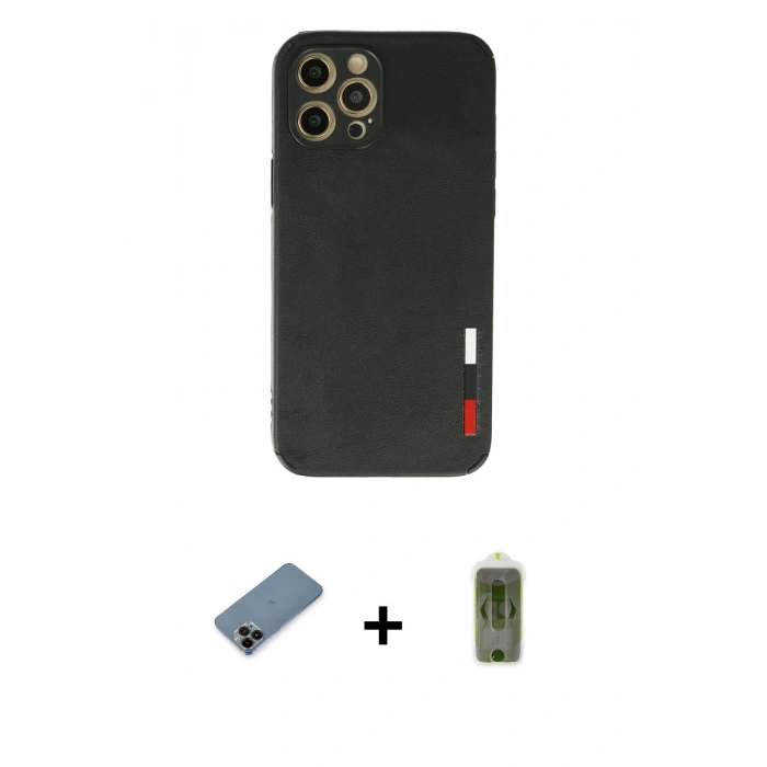 MARSİLYAN™- iPhone 12 Pro Max Kılıf Doruk Asil Koleksiyonu - Siyah Joko Magic 5D Hayalet Cam + Shine Kamera Lens Koruma Cam - SH