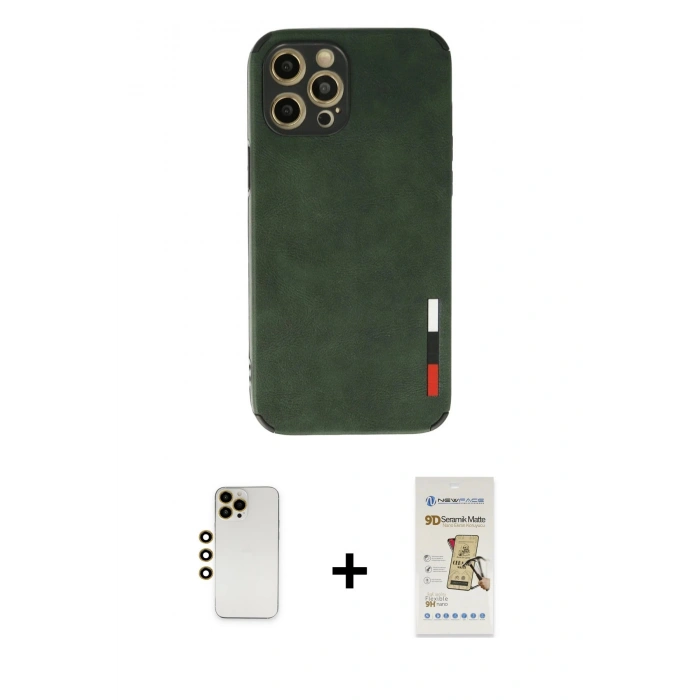 MARSİLYAN™- iPhone 12 Pro Max Kılıf Doruk Asil Koleksiyonu - Siyah Mat Seramik Nano Ekran Koruyucu + Shine Kamera Lens - GD