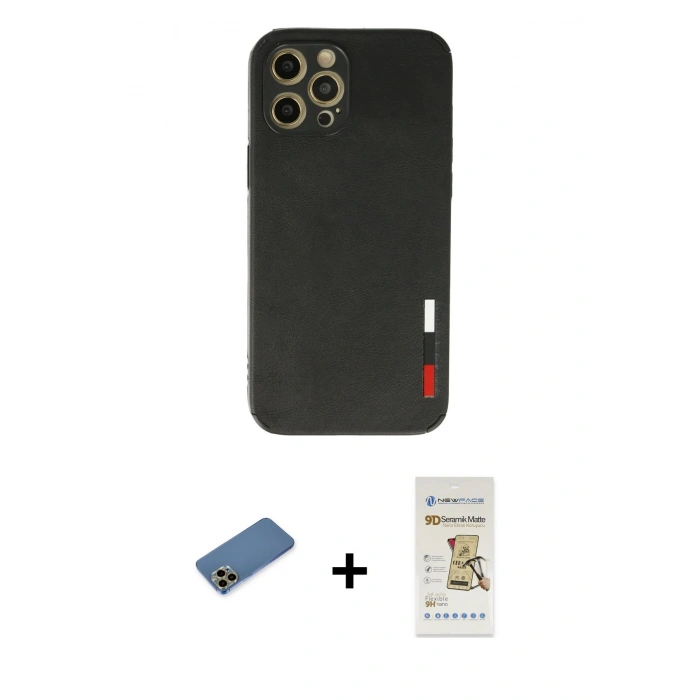 MARSİLYAN™- iPhone 12 Pro Max Kılıf Doruk Asil Koleksiyonu - Siyah Mat Seramik Nano Ekran Koruyucu + Shine Kamera Lens Koruma Cam - GD