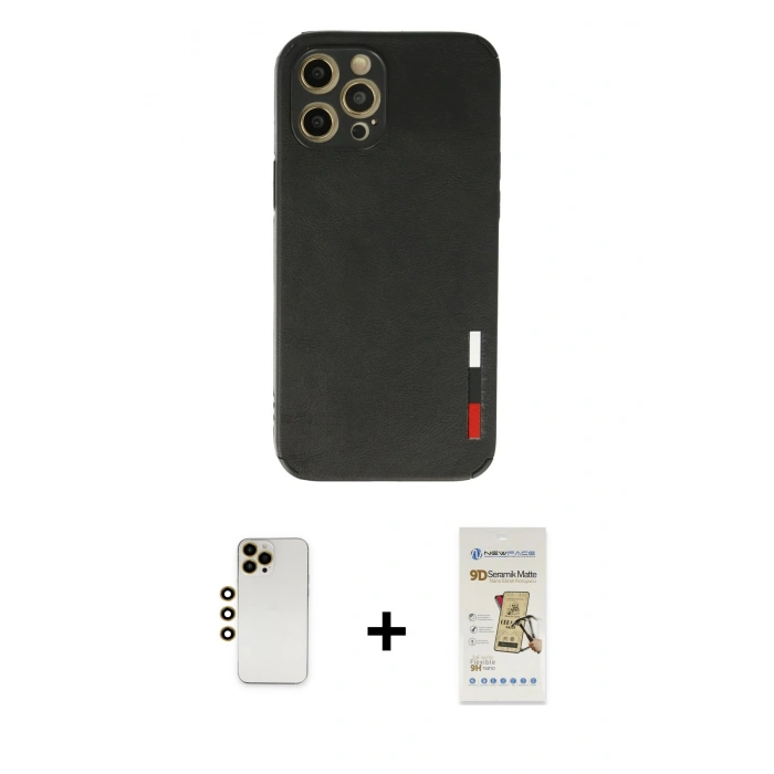 MARSİLYAN™- iPhone 12 Pro Max Kılıf Doruk Asil Koleksiyonu - Siyah Mat Seramik Nano Ekran Koruyucu + Shine Kamera Lens - GD
