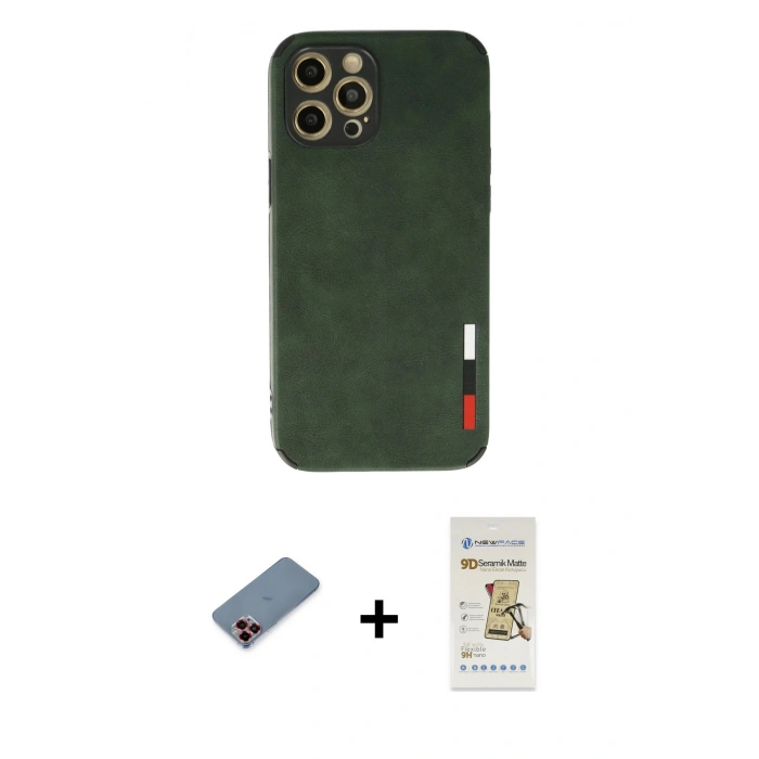 MARSİLYAN™- iPhone 12 Pro Max Kılıf Doruk Asil Koleksiyonu - Siyah Mat Seramik Nano Ekran Koruyucu + Metal Kamera Lens Koruma Cam - KI