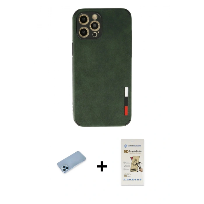 MARSİLYAN™- iPhone 12 Pro Max Kılıf Doruk Asil Koleksiyonu - Siyah Mat Seramik Nano Ekran Koruyucu + Shine Kamera Lens Koruma Cam - MI
