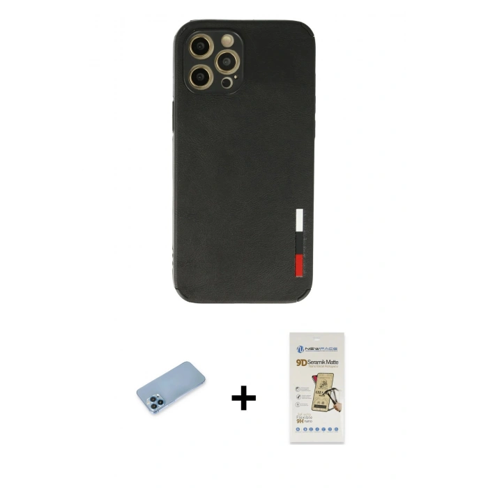 MARSİLYAN™- iPhone 12 Pro Max Kılıf Doruk Asil Koleksiyonu - Siyah Mat Seramik Nano Ekran Koruyucu + Shine Kamera Lens Koruma Cam - MI