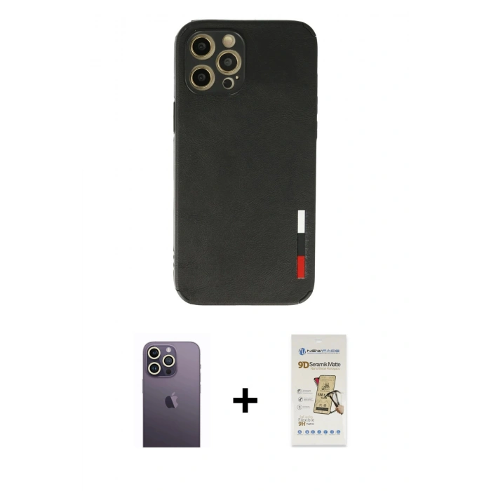 MARSİLYAN™- iPhone 12 Pro Max Kılıf Doruk Asil Koleksiyonu - Siyah Mat Seramik Nano Ekran Koruyucu + Neon Fosforlu Kamera Lens - BZ