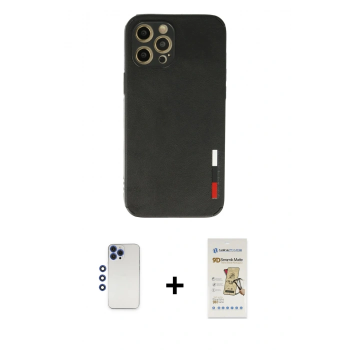 MARSİLYAN™- iPhone 12 Pro Max Kılıf Doruk Asil Koleksiyonu - Siyah Mat Seramik Nano Ekran Koruyucu + Shine Kamera Lens - LT
